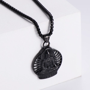 Buddha Pendant Necklace 304 Stainless Steel Religious Buddhism Meditating Round Hollow Jewelry For Men Women