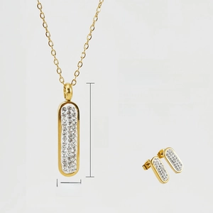 Detail view of 18K gold plated stainless steel jewelry set with sparkling rhinestones