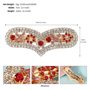 Detail view of V-shaped rhinestone hair clip with dimensions and spring clip mechanism