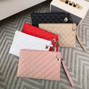 Women Quilted Clutch Bag PU Leather Rhomboid Pattern Wristlet Handbag Large Capacity Cosmetic Pouch Fashion Elegant