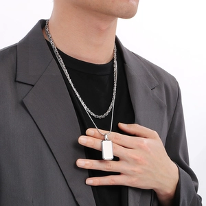 Polished silver stainless steel military dog tag layered pendant necklace for men