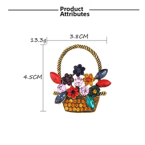 Detailed view of a vintage flower basket brooch with colorful rhinestones and dimensions