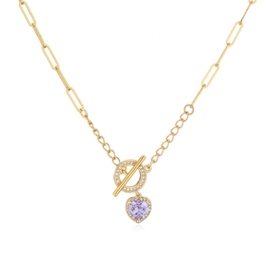 18K gold plated brass necklace with amethyst heart pendant and pavé OT toggle clasp