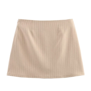 Jupe trapèze beige classique avec fines rayures verticales et fermeture éclair invisible