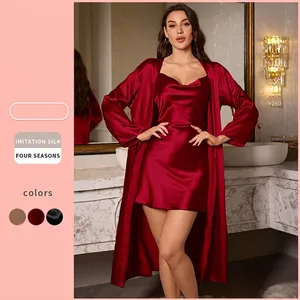Peignoir Et Robe À Bretelles Nuisette En Satin De Satin Imitation Élégant Doux Manches Longues Robe De Chambre Maison