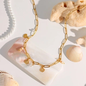 Stainless Steel Necklace With Shell And Faux Artificial Pearl Pendants Ocean Beach Style Paperclip Chain For Women