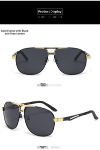 Detailed front and 45-degree side views of aviator sunglasses with gold frames and gray lenses