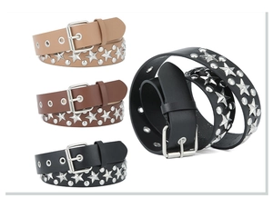 Detail view of studded PU leather belts with star rivets in beige, brown, and black colors