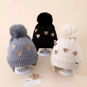 Kids Winter Knitted Earflap Hat Acrylic Warm Plush Lined Bear Embroidery Faux Fur Pom Pom Beanie