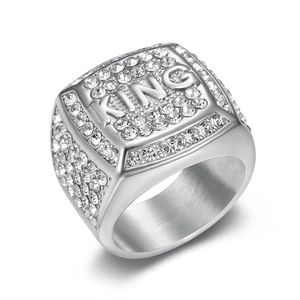 Hip hop silver plated stainless steel ring with KING letters and pave set clear zircon stones