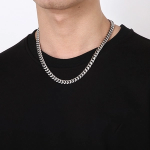 Men's silver-toned stainless steel Cuban link chain necklace with polished finish