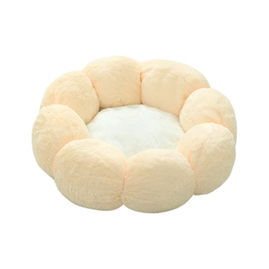 Plush flower shaped pet bed with warm pink petals and soft cream white center cushion