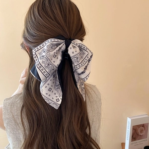 Detail of large paisley bow hair claw clip styled on back of head for elegant hair styling
