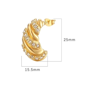 Gold croissant hoop earrings with spiral texture and sparkling crystals 25mm height