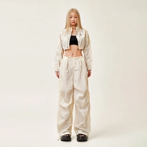 Women's cream white parachute wide-leg pants and cropped zip jacket casual fashion set