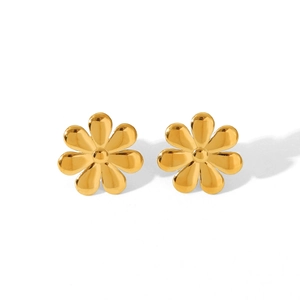 Macro detail of 18K gold-plated stainless steel flower stud earrings with textured petals