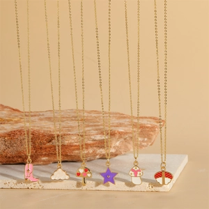 14K gold plated necklaces featuring assorted enamel pendants like stars and mushrooms