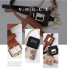 Detail of trendy mini waist bags with gold square buckles and chain straps in multiple colors