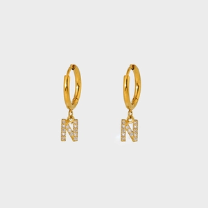 Elegant gold plated stainless steel hoop earrings with crystal letter N charm