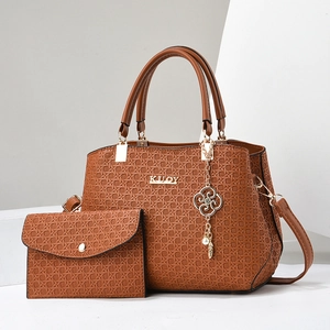 Brown woven texture tote and envelope clutch bag set with metallic KUOY logo details