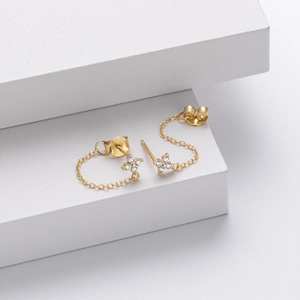Elegant S925 sterling silver gold flower stud earrings with tassels and white zircon stones
