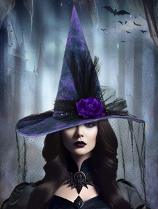 Détail d'un chapeau de sorcière gothique avec rose violette et voile en tulle noir