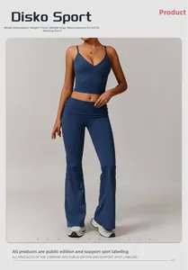 Detail of navy blue V-neck sports tank top and flared yoga pants with visible stitching