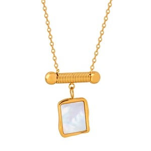 Elegant gold titanium steel necklace with square white shell pendant and spiral bar detail