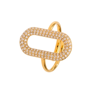 Elegante anello geometrico dorato con micro pavé di zirconi e design a fascia aperta