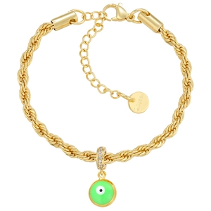 Bracelet torsadé en acier doré avec pendentif œil maléfique vert et cristaux brillants