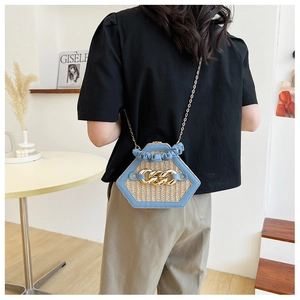 Detail showing shell-shaped crossbody bag with blue PU trim, straw texture, and gold chain