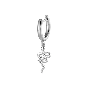 Silver snake drop huggie hoop earring with crystal stone and polished metal finish