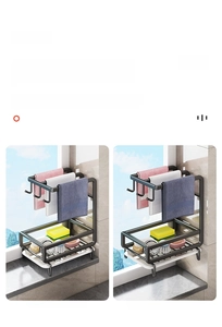 Dual-layer black metal kitchen sponge holder with removable white drain tray
