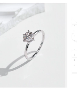 Close-up of classic six-prong setting with a brilliant round moissanite on a silver band