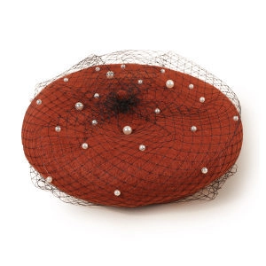 Caramel brown wool beret featuring elegant white pearls and a delicate black mesh veil