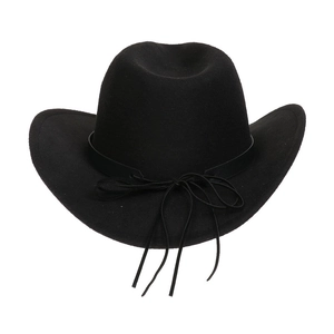 Detail of a black felt cowboy hat featuring a stylish tied ribbon bow on the brim