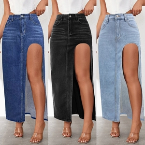 Gonna Lunga In Denim Da Donna Vita Alta Con Spacco Alto Colore Solido Stile Streetwear Moda Casual Gonna Di Jeans
