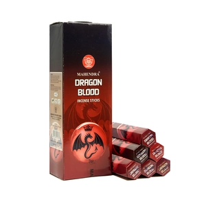 Detail view of Mahendra Dragon Blood incense sticks packaging showing 20 perfumed sticks