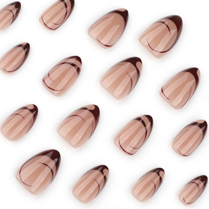 Minimalist French almond press-on nails with irregular brown stripes on nude base
