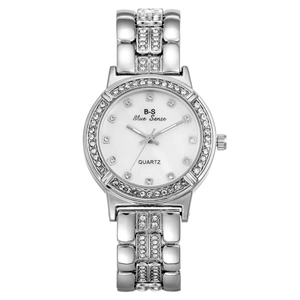 Fashion silver quartz watch for women with rhinestone bezel and five-bead metal strap
