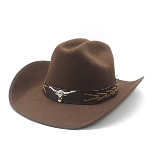 Western Cowboy Hat Vintage Wool Felt Wide Brim With Metal Bull Head Buckle Retro Ethnic Jazz Fedora Outdoor Sun Hat
