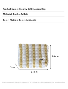 Detailed size view of yellow seersucker makeup bag with dimensions 25x18x5cm