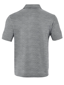 Close-up of the grey knit Polo shirt back with textured geometric jacquard pattern