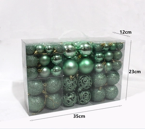 Detailed box size of mint green Christmas ball set with matte and glitter finishes