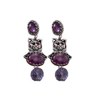 Vintage silver cat earrings with purple oval gems and sparkling rhinestones for women
