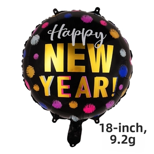 Detailed view of 18-inch black round Happy New Year foil balloon with multi-color dots