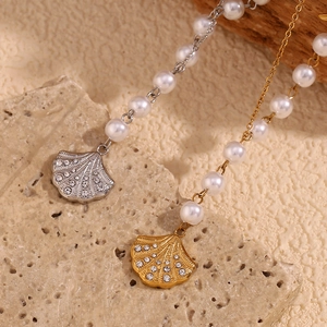 18K gold plated stainless steel fan seashell necklace with pearls and rhinestones