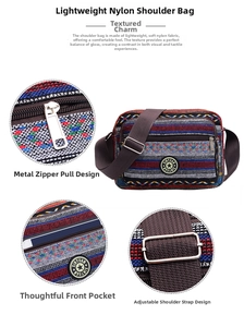 Detail view of colorful striped nylon shoulder bag with zipper and adjustable strap