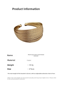 Dettaglio del bracciale multistrato in rame placcato oro con info sulle dimensioni