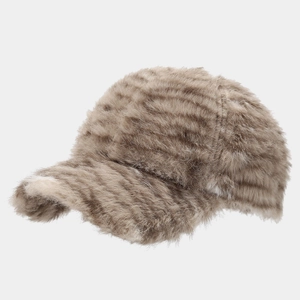 Detailed view of the soft faux fur texture and camel brown finish of this baseball cap